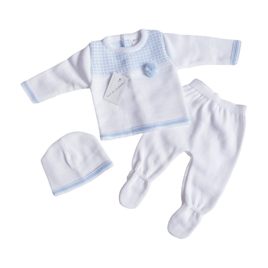 Baby Boys White/Blue Pom Pom Spanish Knitted Set