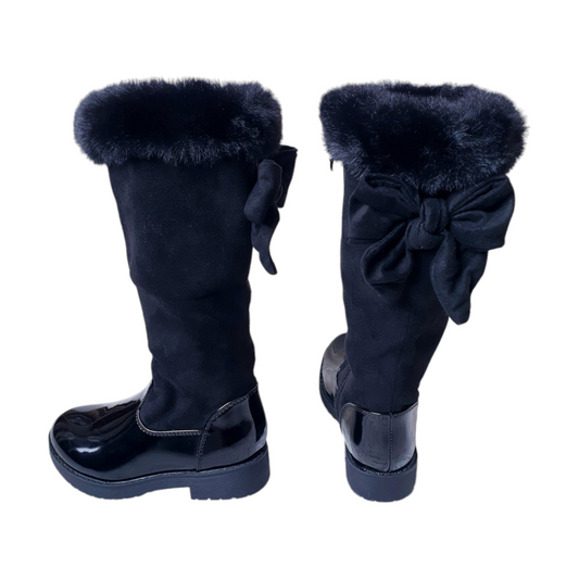 Girls Black Fur Trim Bow Boots