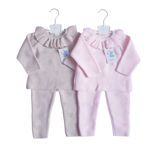 Girls Spanish Pink/Beige Knitted Heart 2 Piece Sets