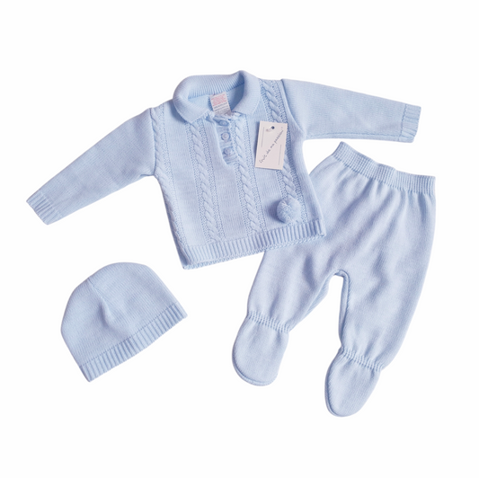 Baby Boys Blue Spanish 3 Piece Knitted Set