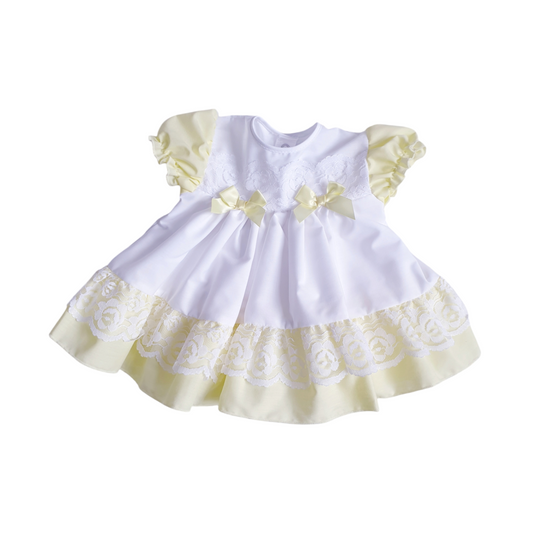 Baby Girls White/Lemon Lace & Bows Puff Ball Dress