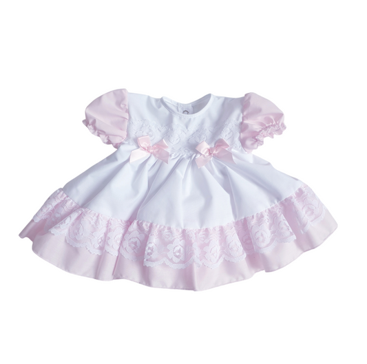 Baby Girls White Pink Lace & Bows Puff Ball Dress