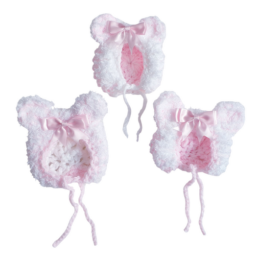 Baby Girls White/Pink Hand Knitted Teddy Ears Bow Hats