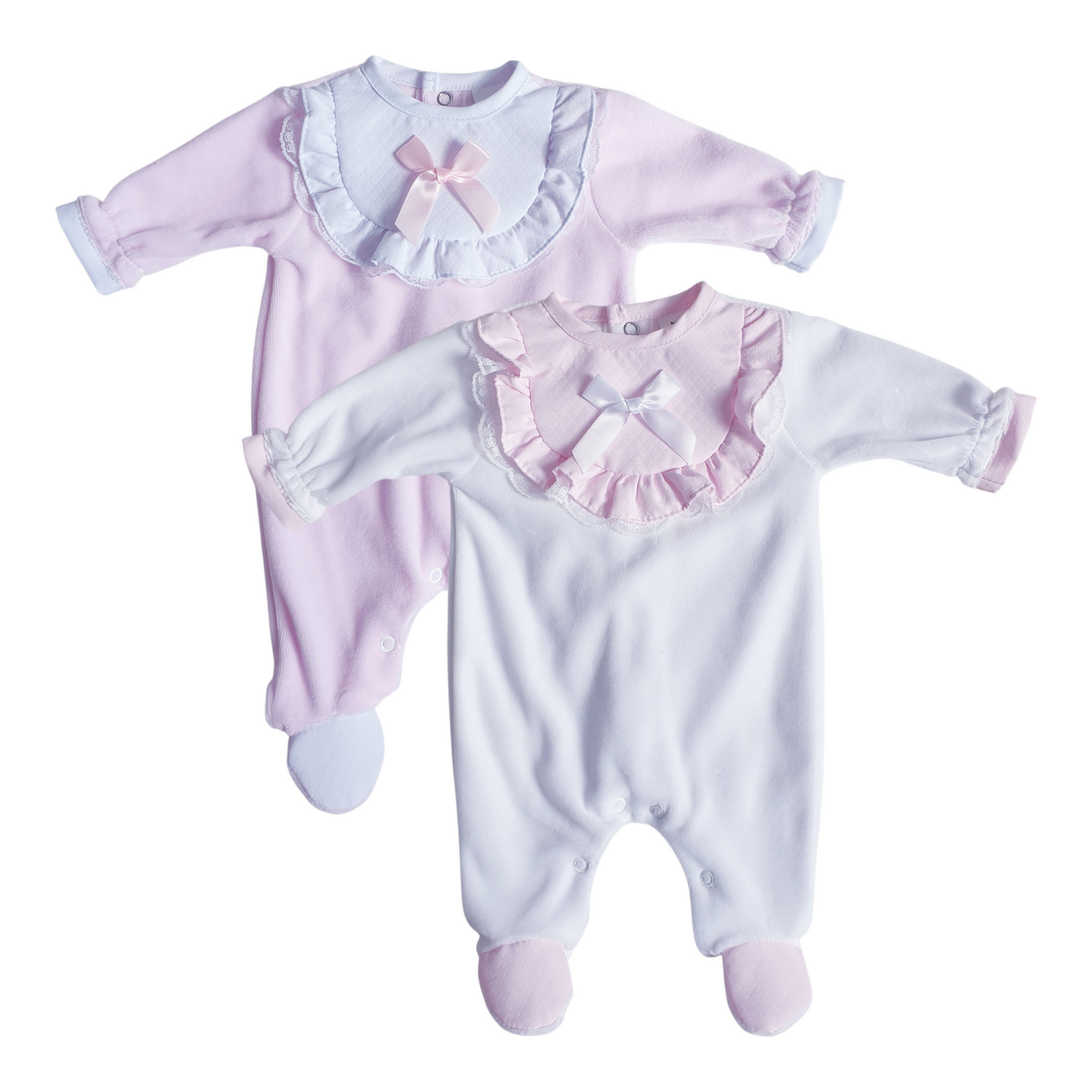Baby Girls Frill & Bow Velour Babygrow White Pink