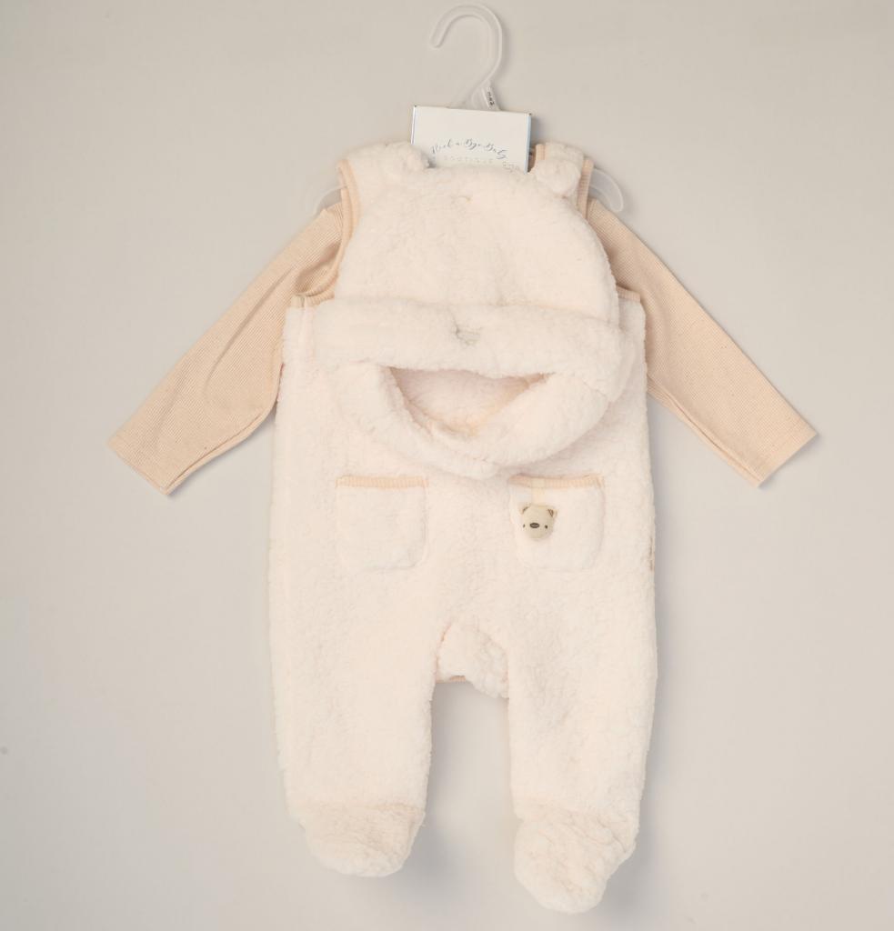 Baby Cream Sherpa Teddy Dungaree Set