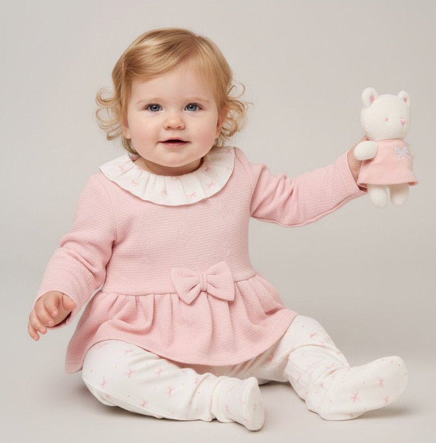 Baby Girls Pink Bow 2 Piece Outfit & Teddy
