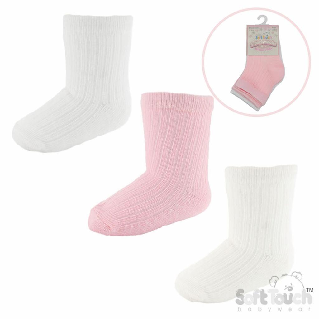 Ribbed Ankle Socks 3Pk Pink or Blue/White/Cream