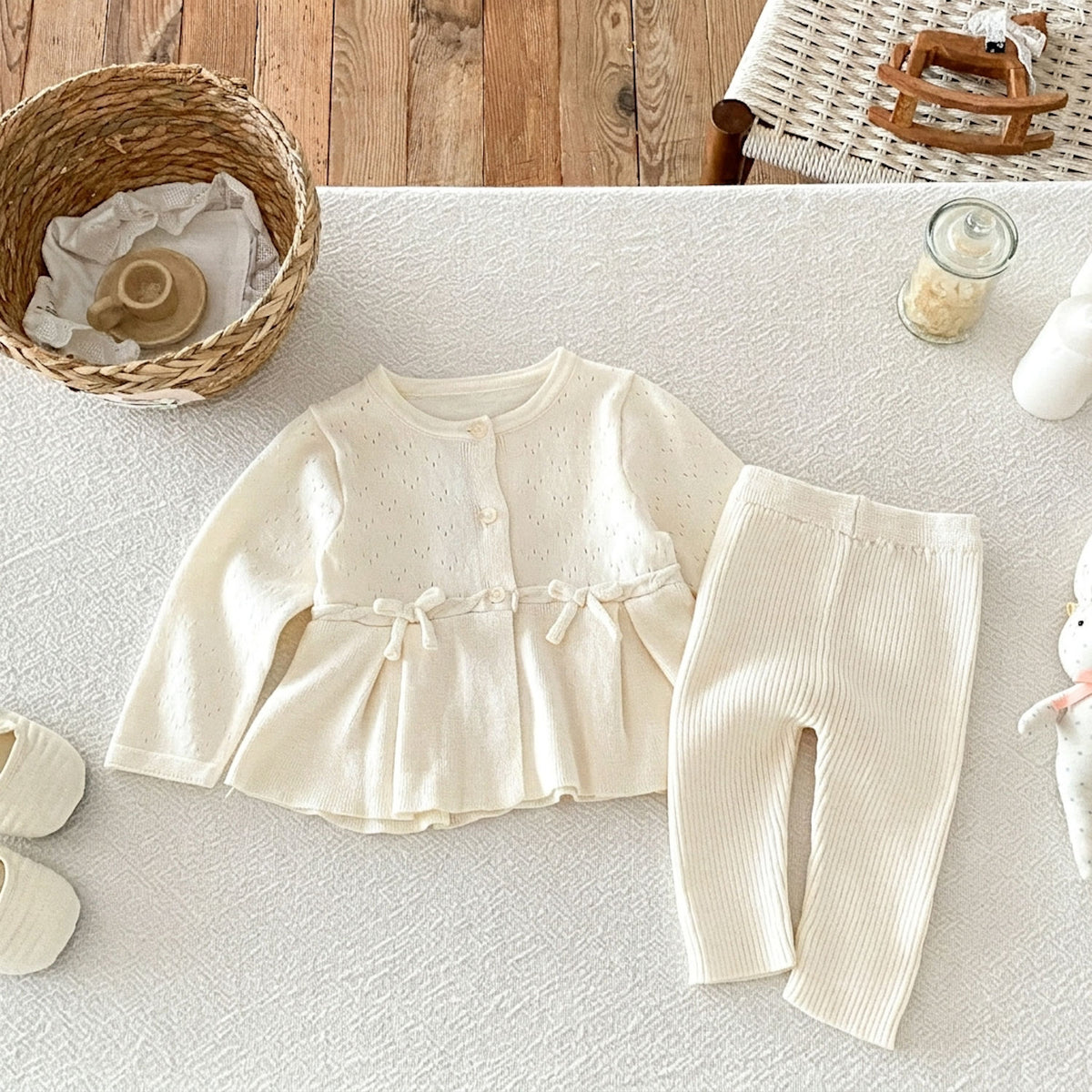 Baby Girls Cream Knitted Cardigan & Ribbed Leggings Set