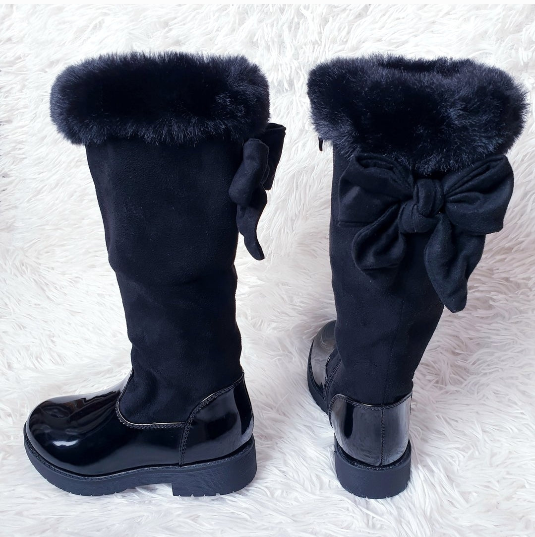 Girls Black Fur Trim Bow Boots