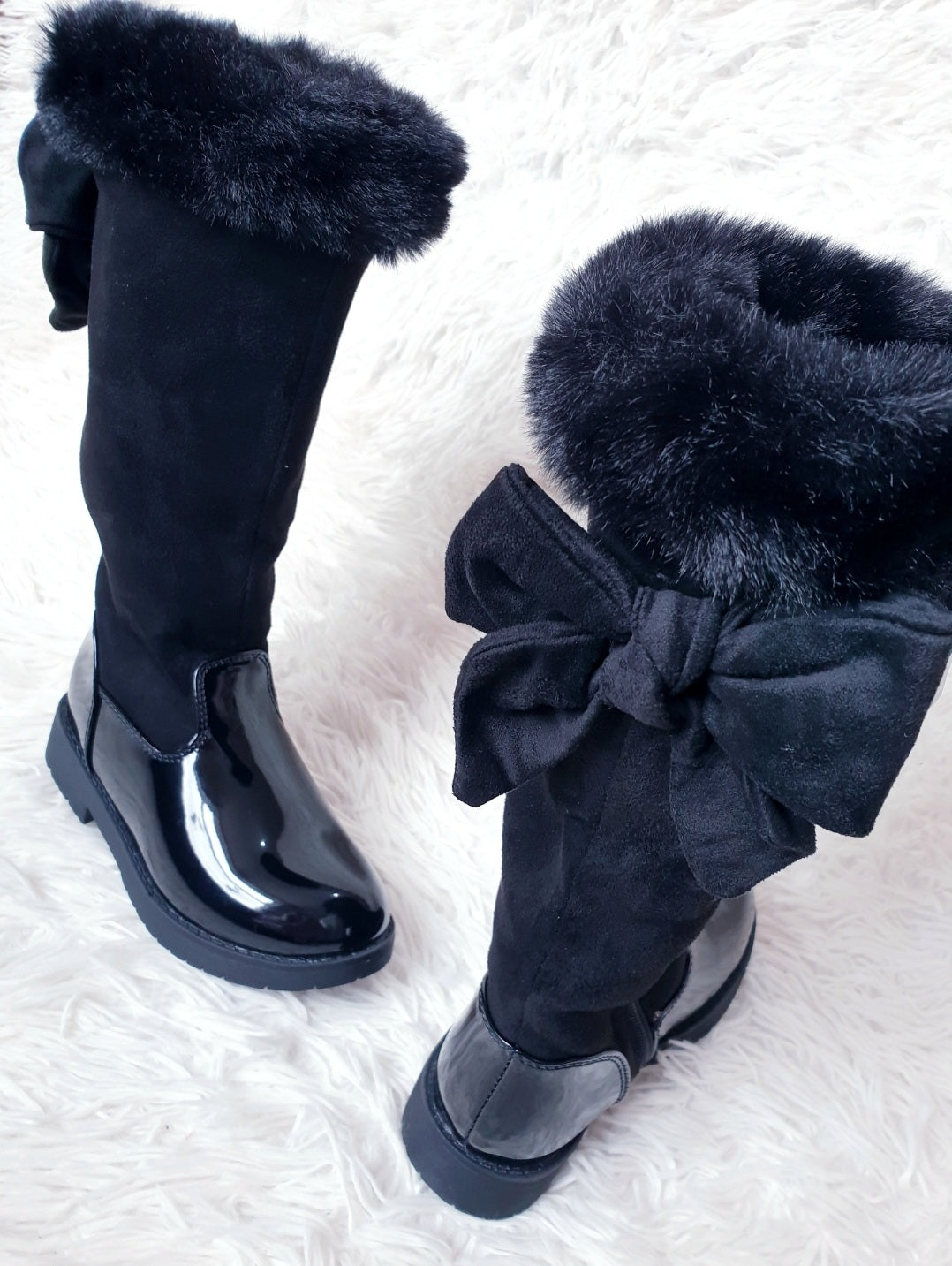 Girls Black Fur Trim Bow Boots