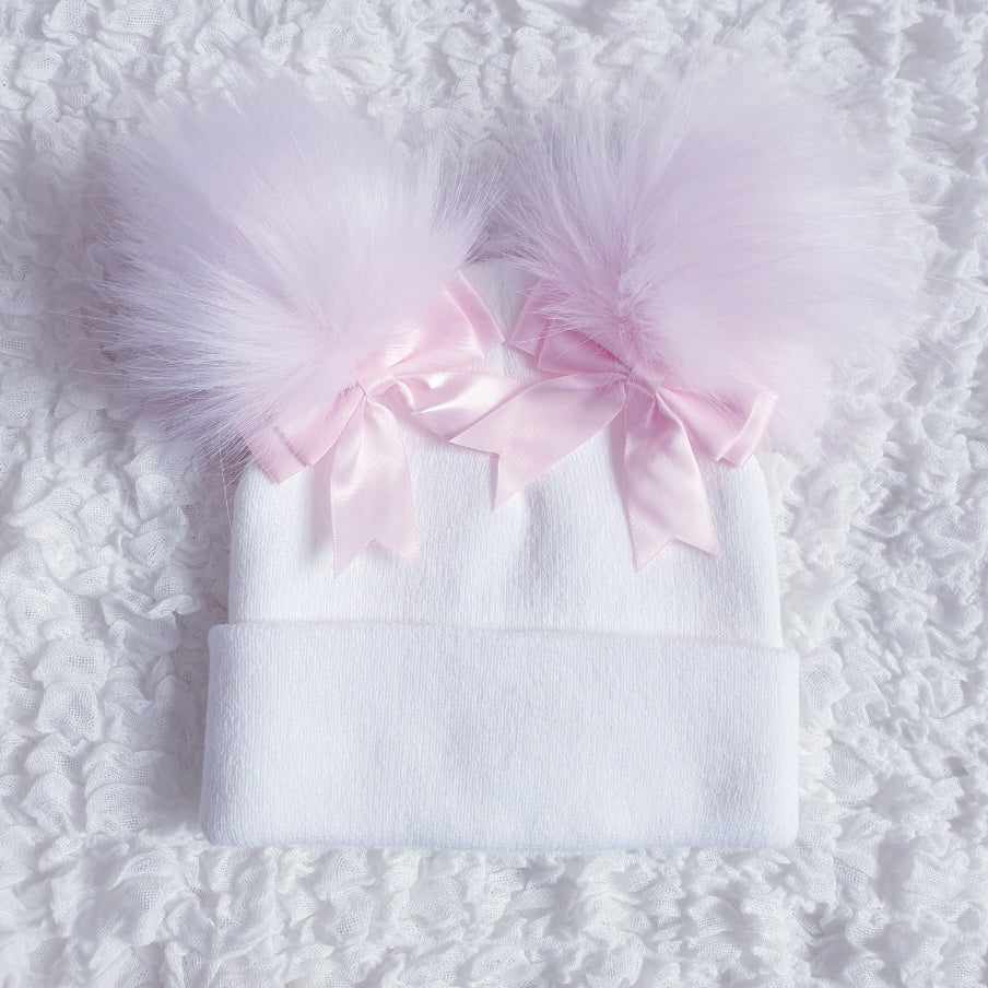 White/Pink Double Pom Pom Hat with Pink Bows