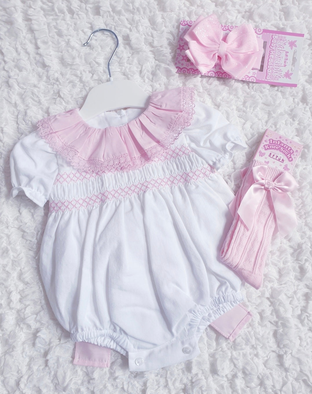Baby Girls Smocked Bow Back Romper White Pink