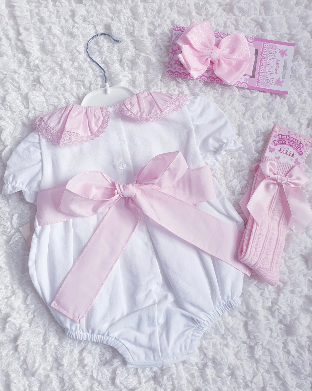 Baby Girls Smocked Bow Back Romper White Pink