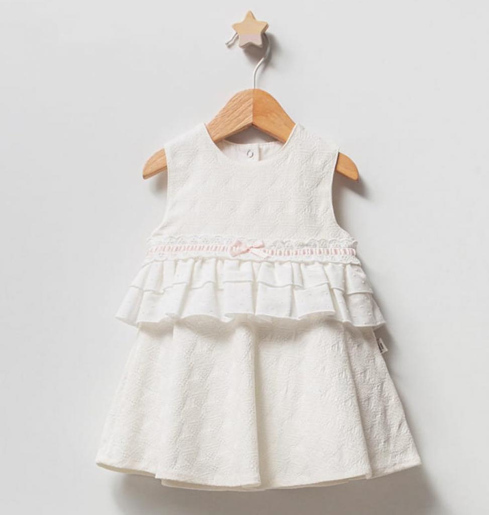 Girls Ivory Frilled Dress with Pink Ribbon Slot Bow