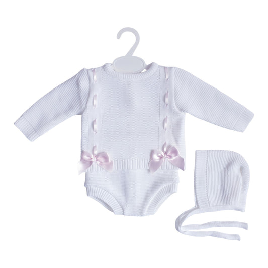 Baby Girls White/Pink Spanish Knitted Ribbon Slot Bow Jam Pants Set