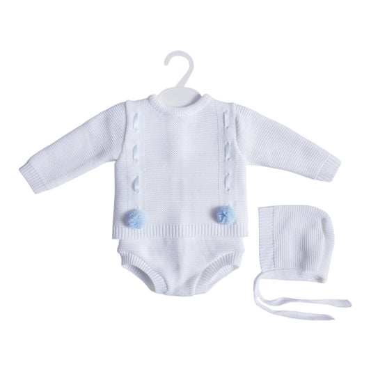 Baby Boys White/Blue Spanish Knitted Ribbon Slot Pom Pom Jam Pants Set