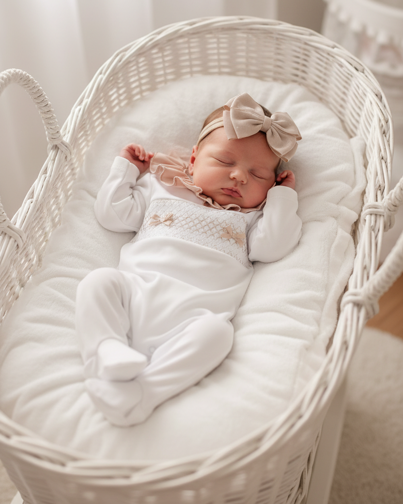 Baby Girls White Beige Spanish Smocked Babygrow