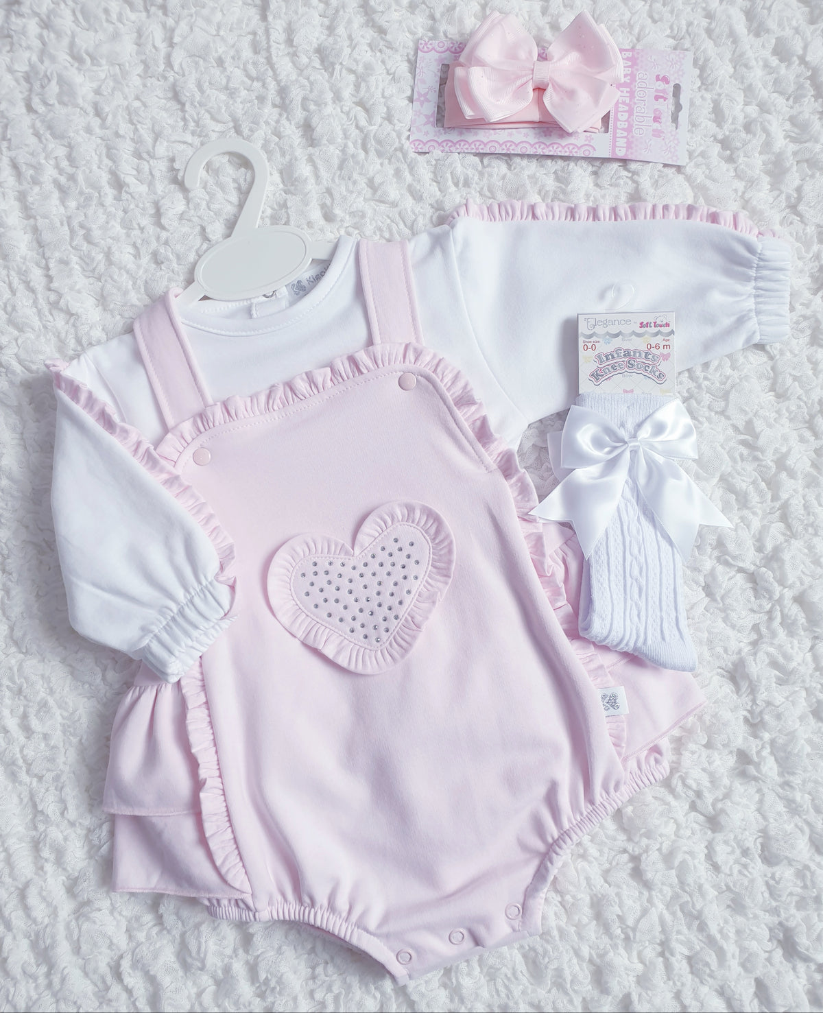 Baby Girls Pink Diamante Heart Romper Set