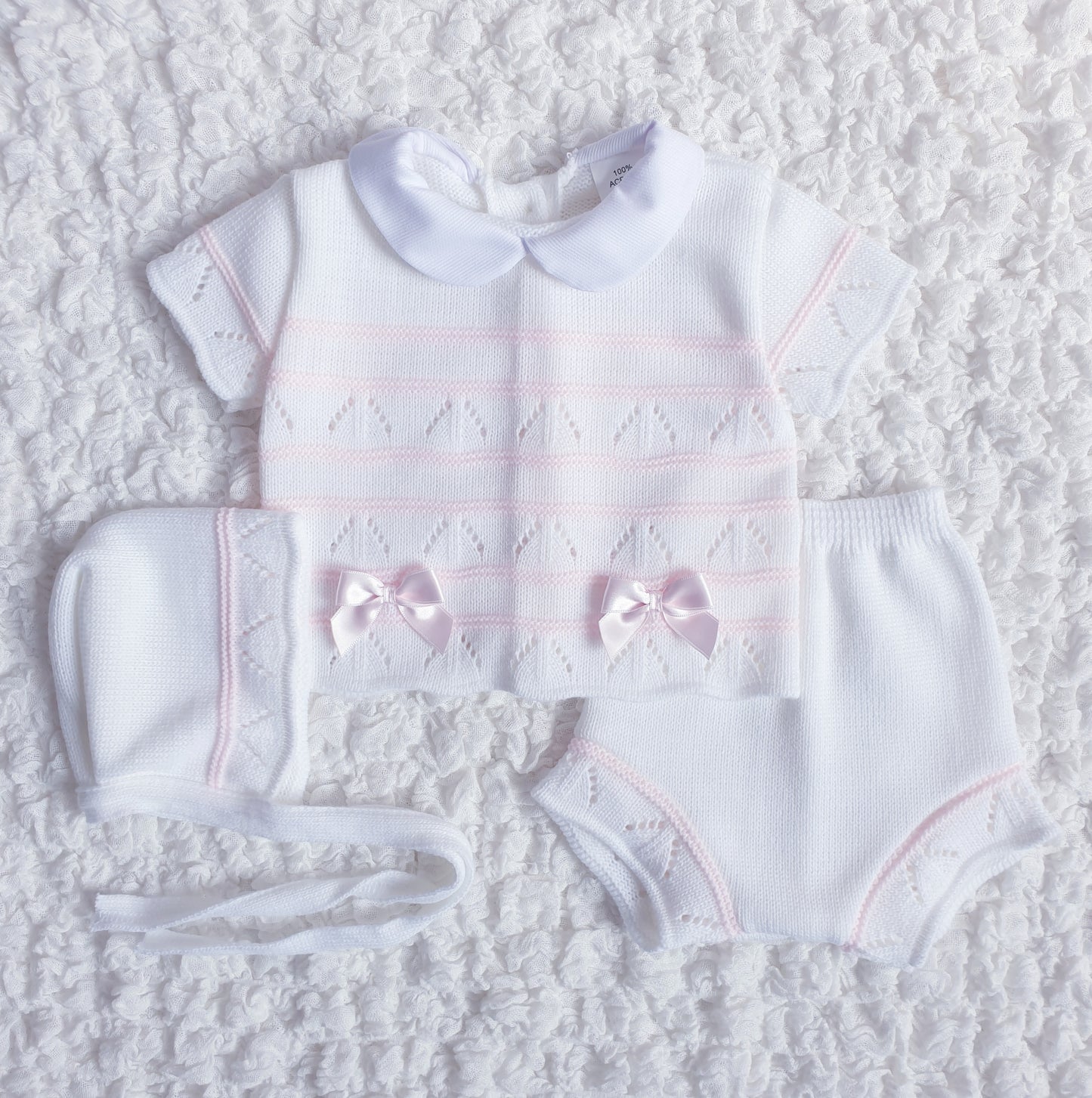 Baby Girls White Pink Spanish Knitted 3 Piece Jam Pants Set