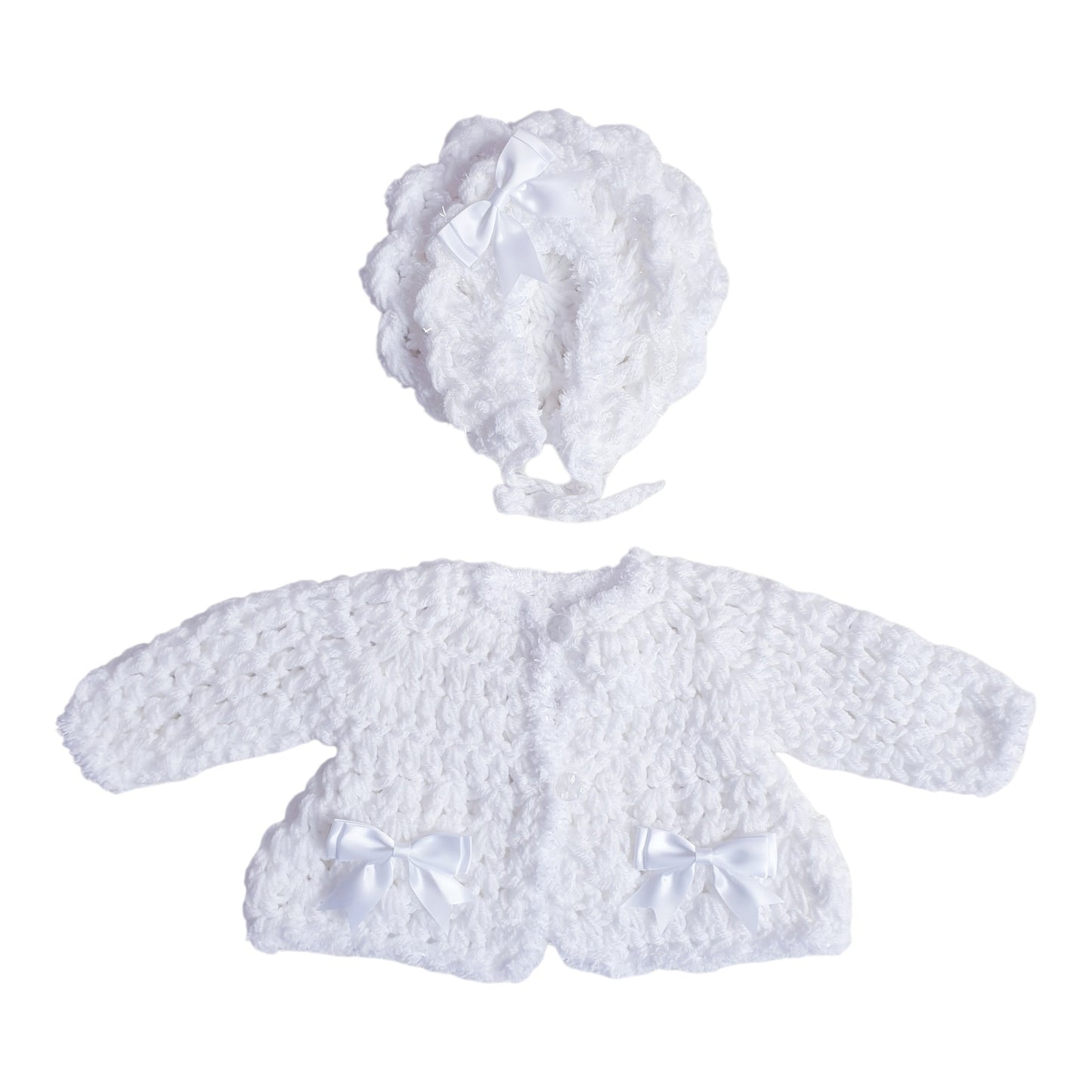 Baby Girls White Hand Knitted Cardigan & Bonnet Set