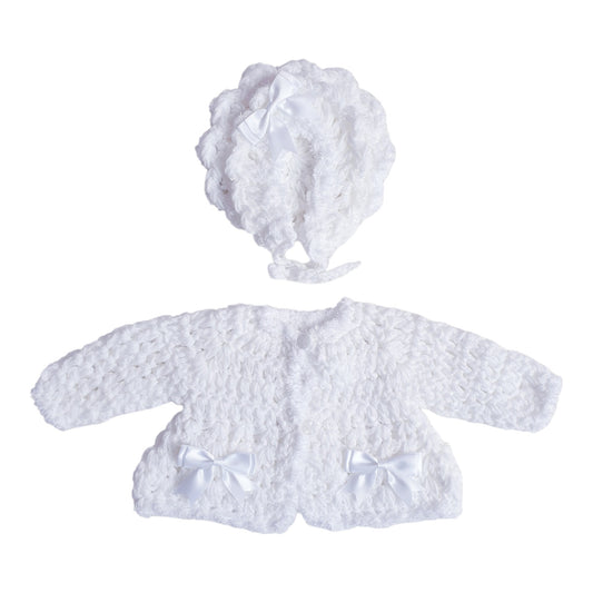Baby Girls White Hand Knitted Cardigan & Bonnet Set