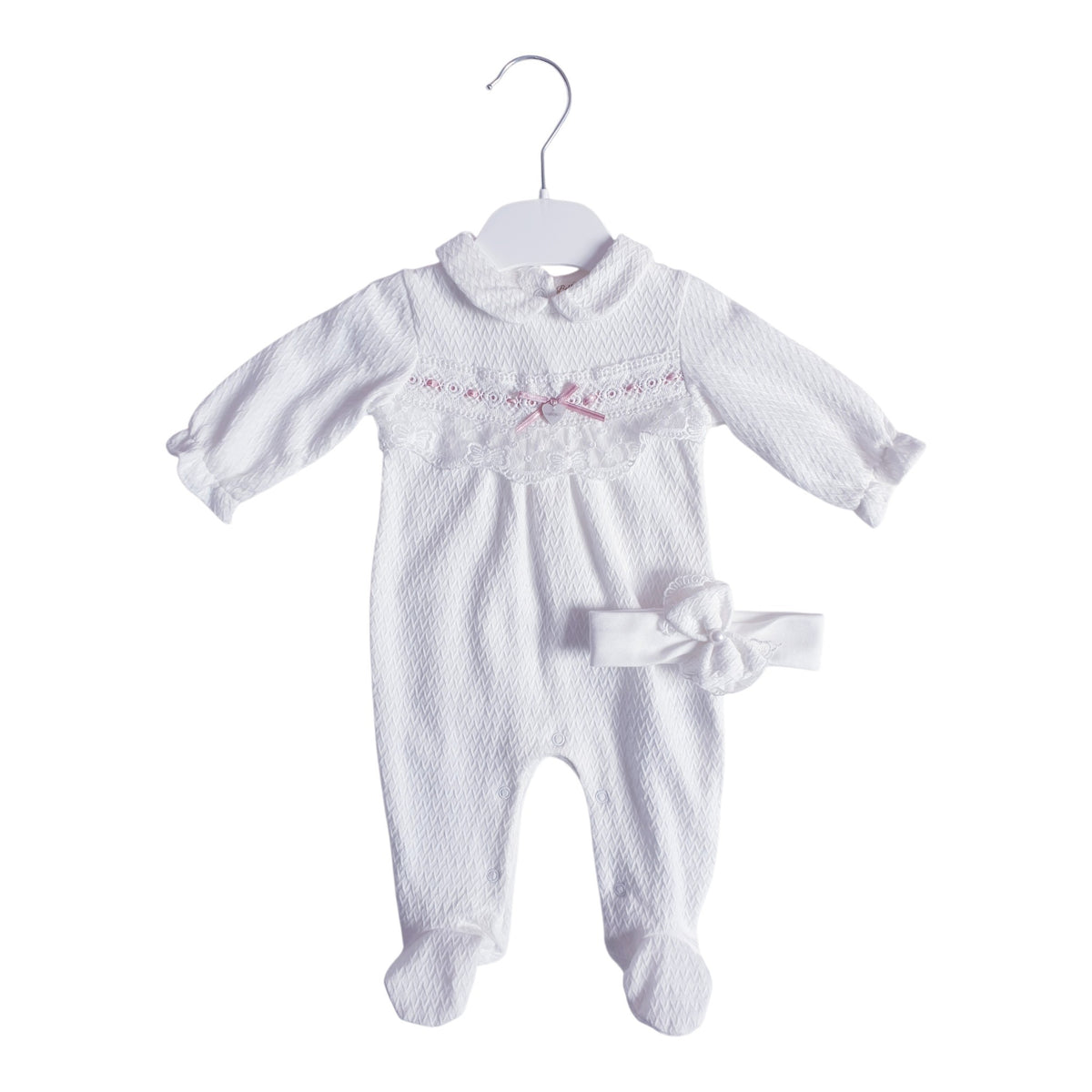 Baby Girls White Lace Bow Babygrow & Headband
