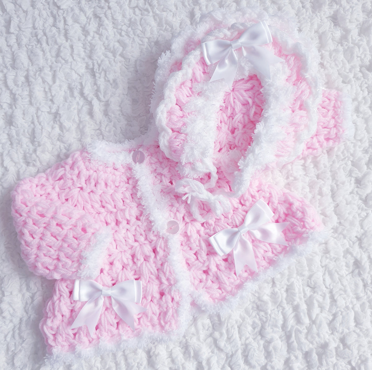 Baby Girls Pink/White Hand Knitted Cardigan & Hat Set