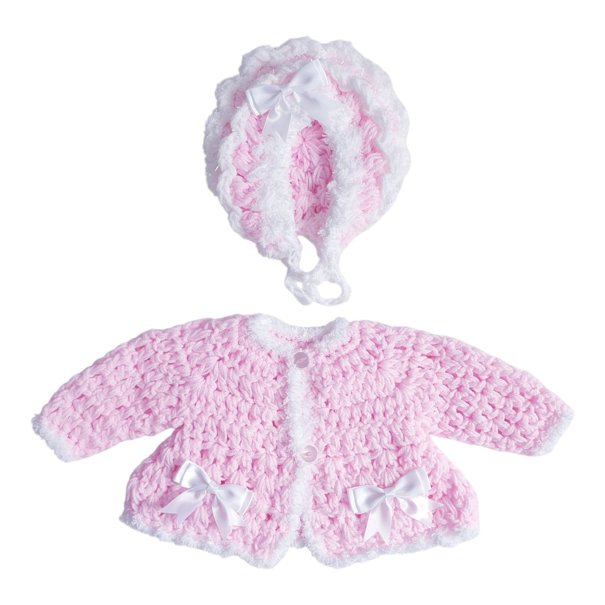 Baby Girls Pink/White Hand Knitted Cardigan & Hat Set