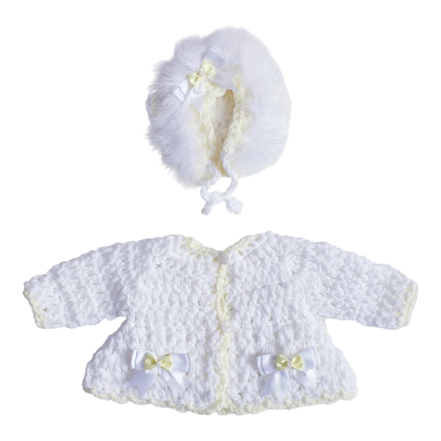 Baby Girls White/Lemon Hand Knitted Cardigan & Hat