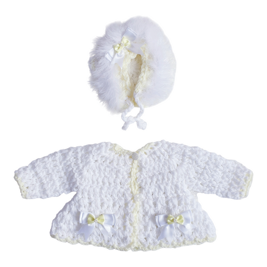 Baby Girls White/Lemon Hand Knitted Cardigan & Hat
