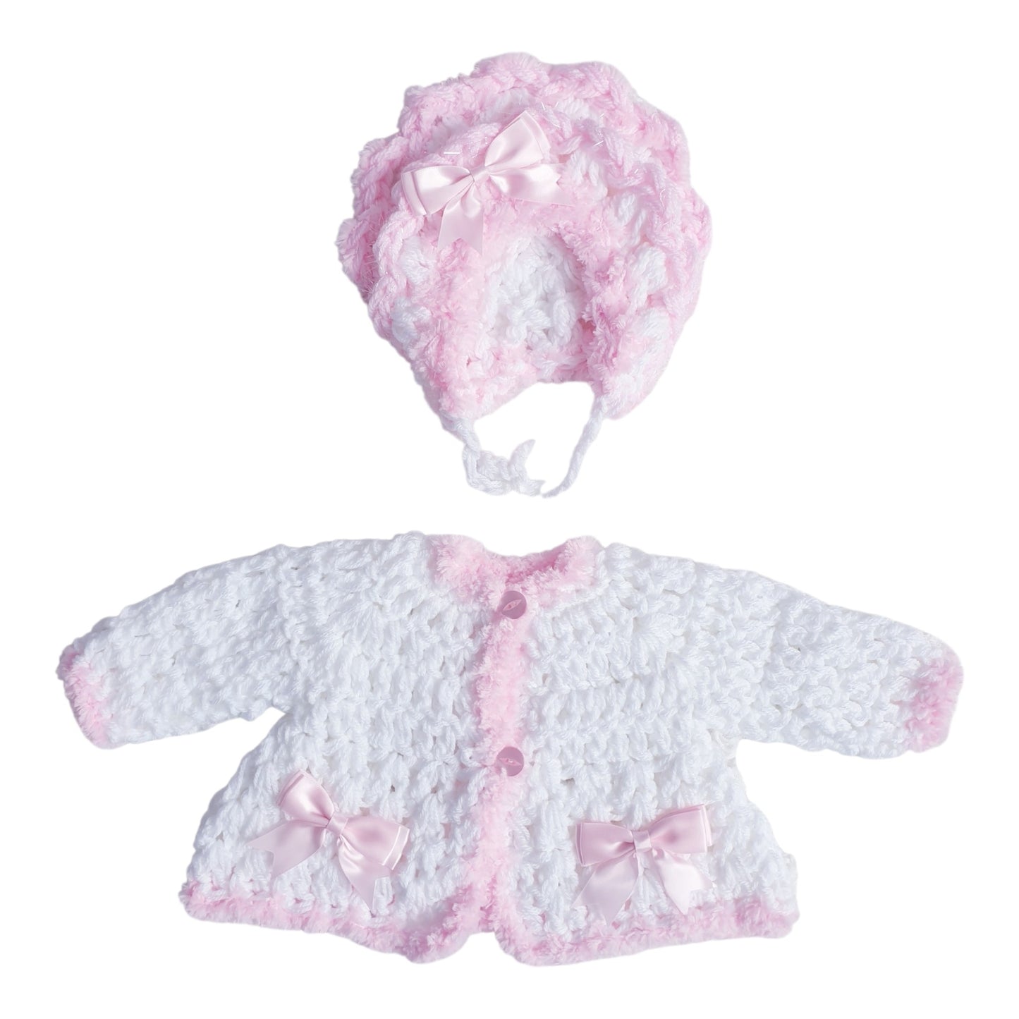 Baby Girls White/Pink Hand Knitted Cardigan & Hat