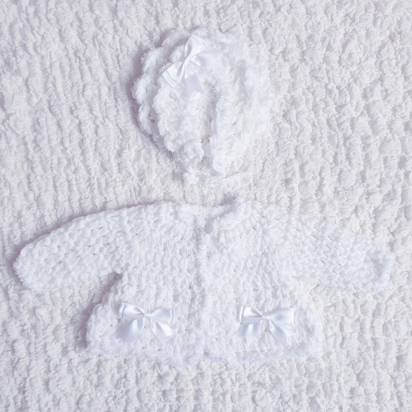 Baby Girls White Hand Knitted Cardigan & Bonnet Set