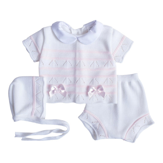 Baby Girls White Pink Spanish Knitted 3 Piece Jam Pants Set