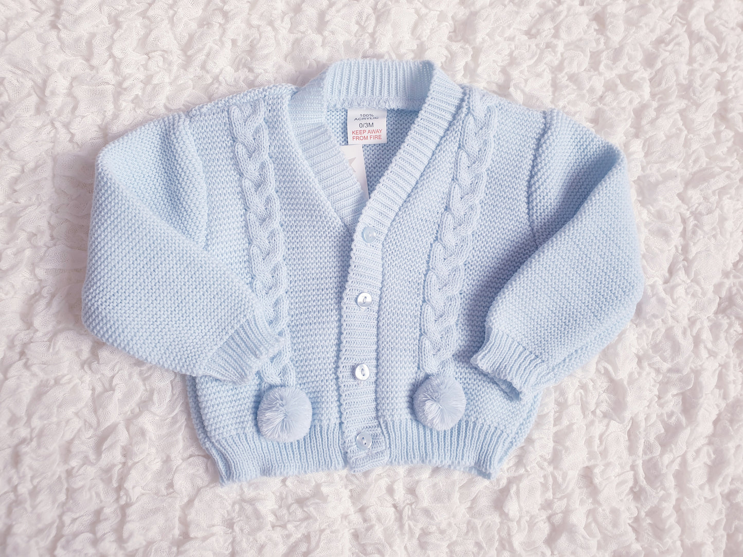 Baby Boys White/Blue Pom Pom Cardigan