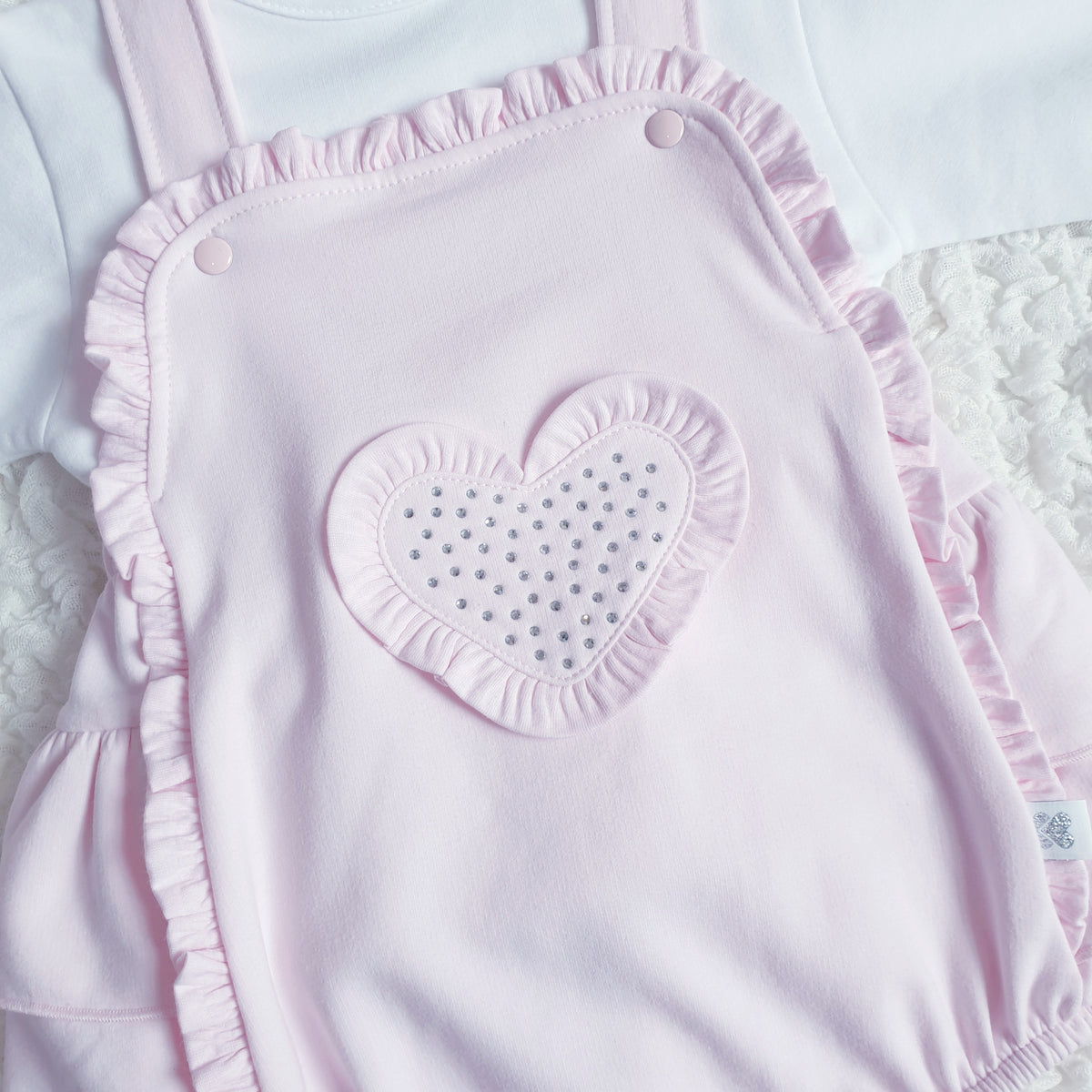 Baby Girls Pink Diamante Heart Romper Set