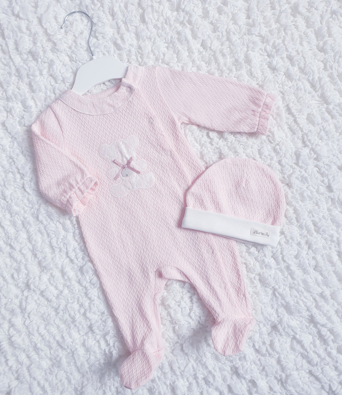 Baby Girls Pink Lace Teddy Babygrow & Hat