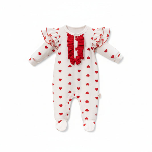 Baby Girls Red Heart Velour Babygrow