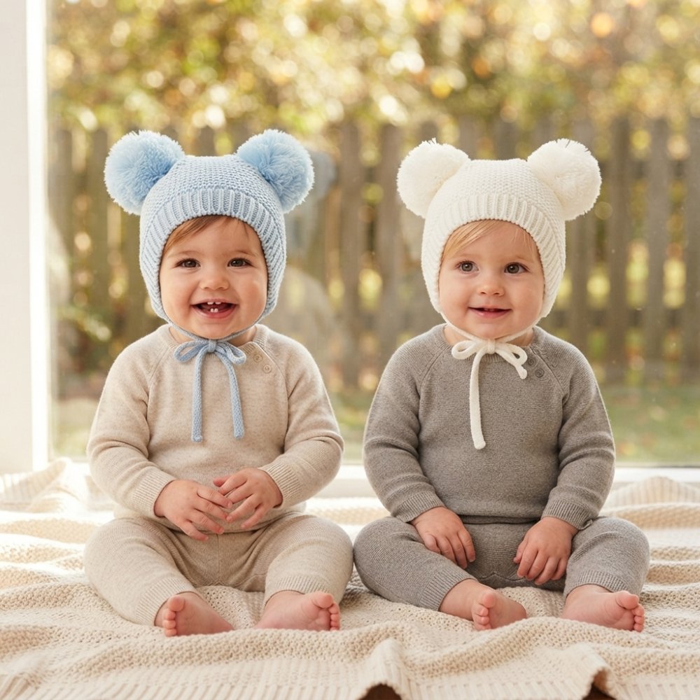 Baby Knitted Double Pom Pom Hat Cream/Blue