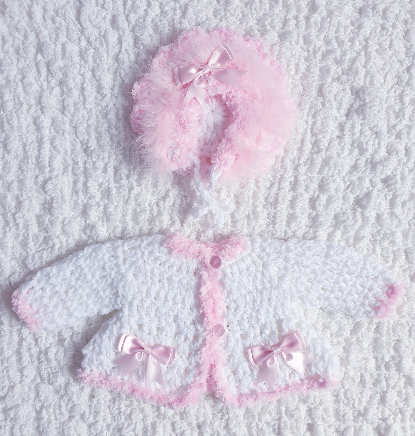 Baby Girls White/Pink Hand Knitted Cardigan & Hat