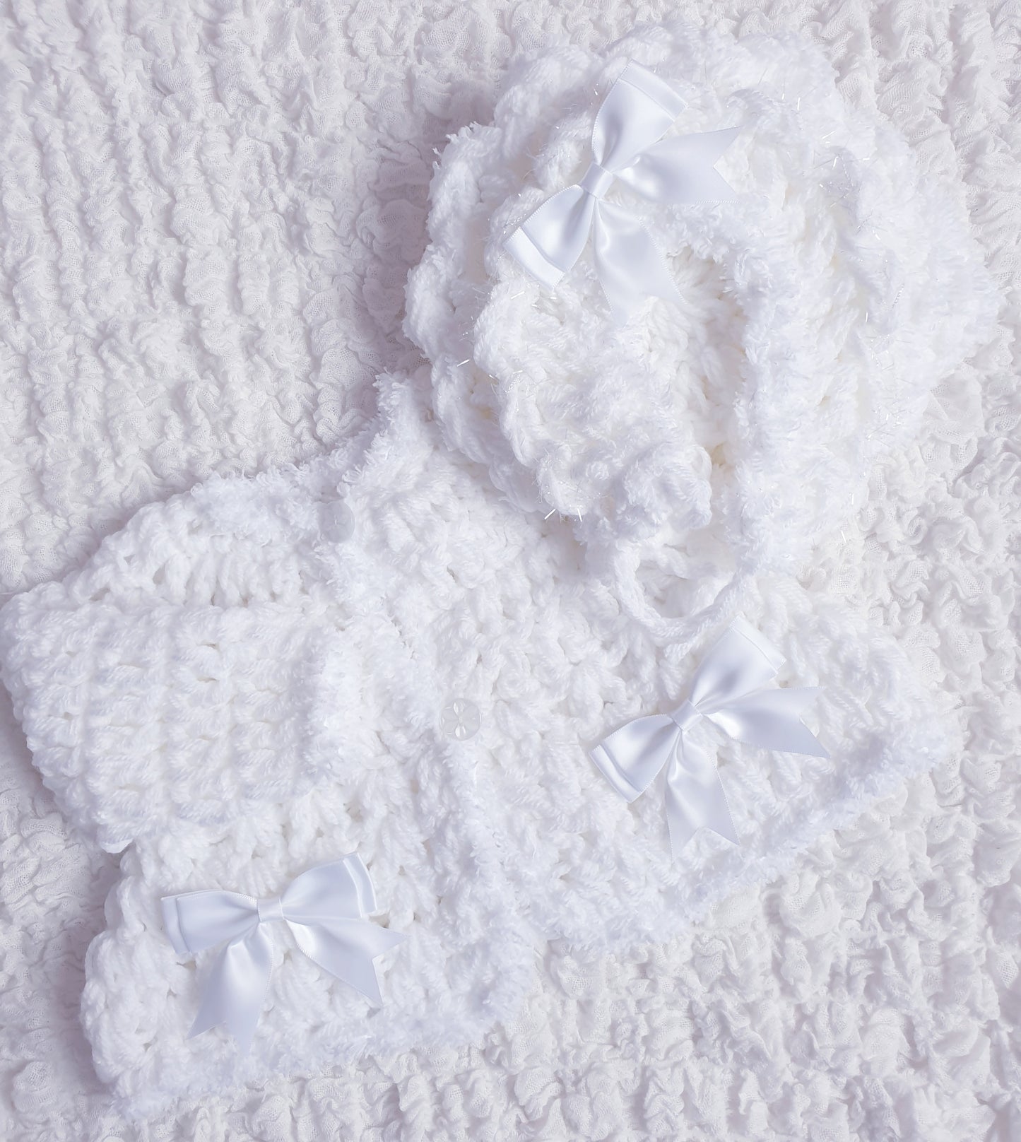 Baby Girls White Hand Knitted Cardigan & Bonnet Set