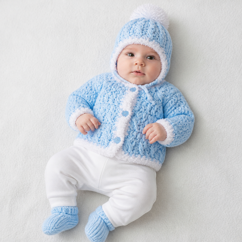 Baby Boys Blue White Hand Knitted Cardigan & Hat Set