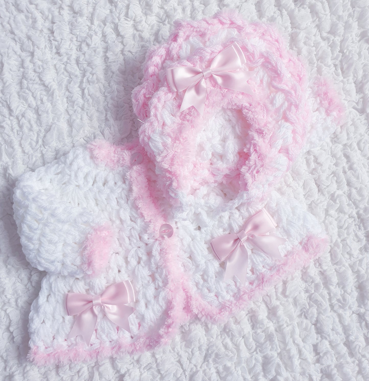 Baby Girls White/Pink Hand Knitted Cardigan & Hat