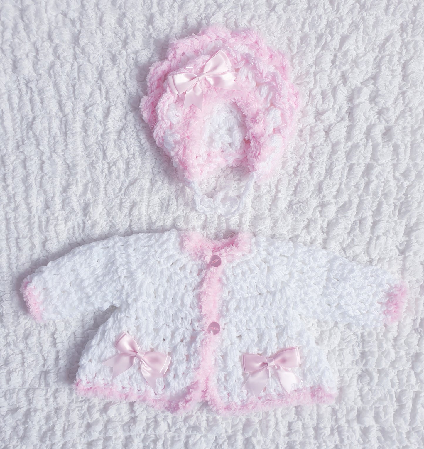 Baby Girls White/Pink Hand Knitted Cardigan & Hat
