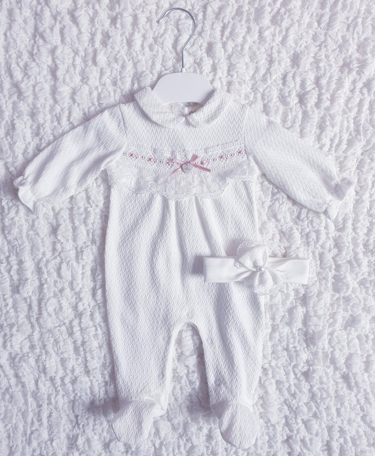 Baby Girls White Lace Bow Babygrow & Headband