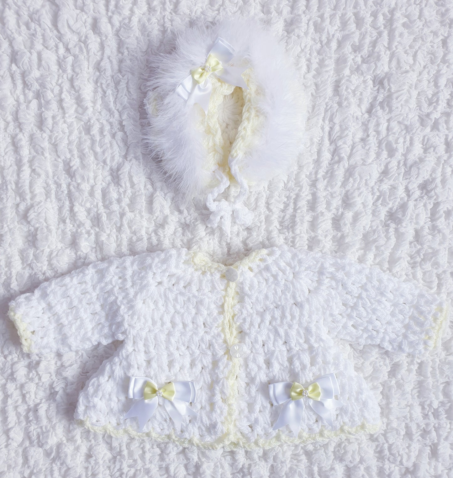 Baby Girls White/Lemon Hand Knitted Cardigan & Hat