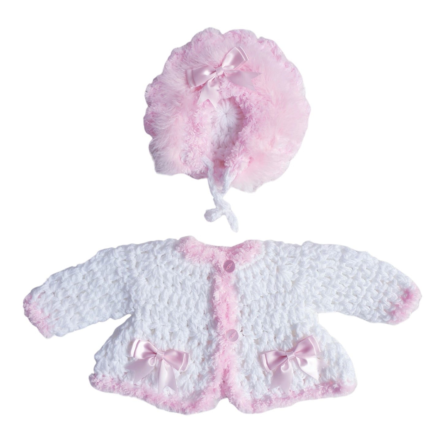 Baby Girls White/Pink Hand Knitted Cardigan & Hat