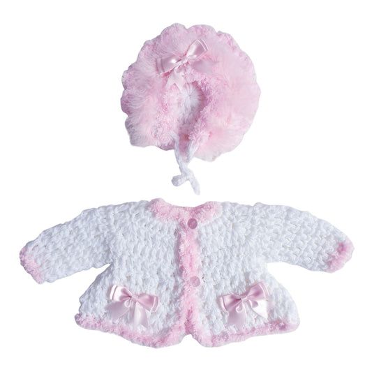 Baby Girls White/Pink Hand Knitted Cardigan & Hat