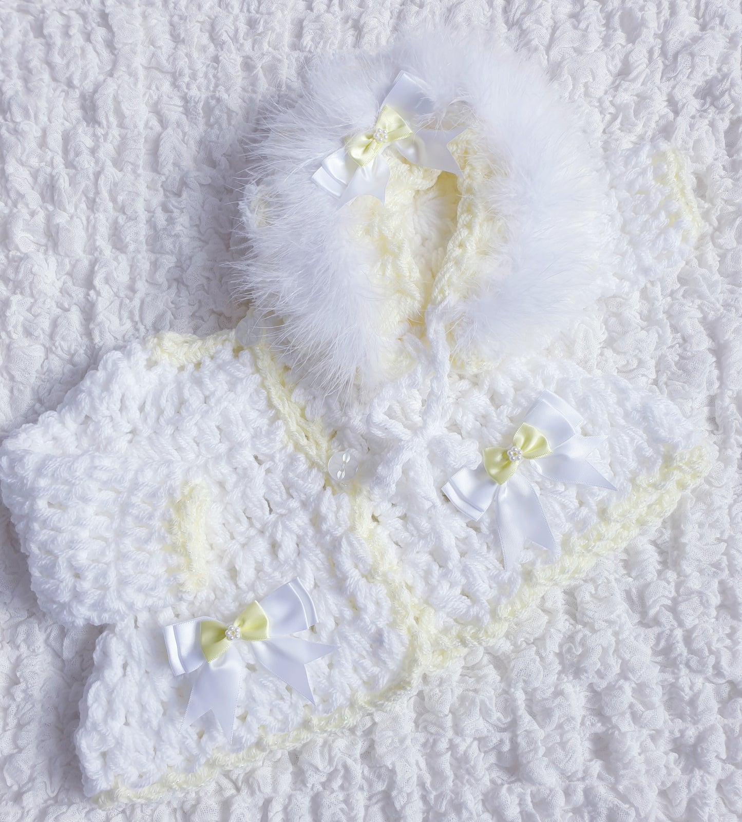 Baby Girls White/Lemon Hand Knitted Cardigan & Hat