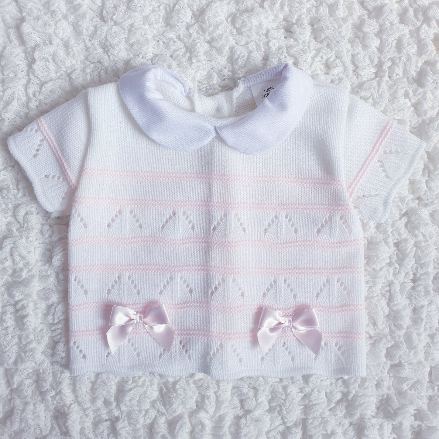 Baby Girls White Pink Spanish Knitted 3 Piece Jam Pants Set