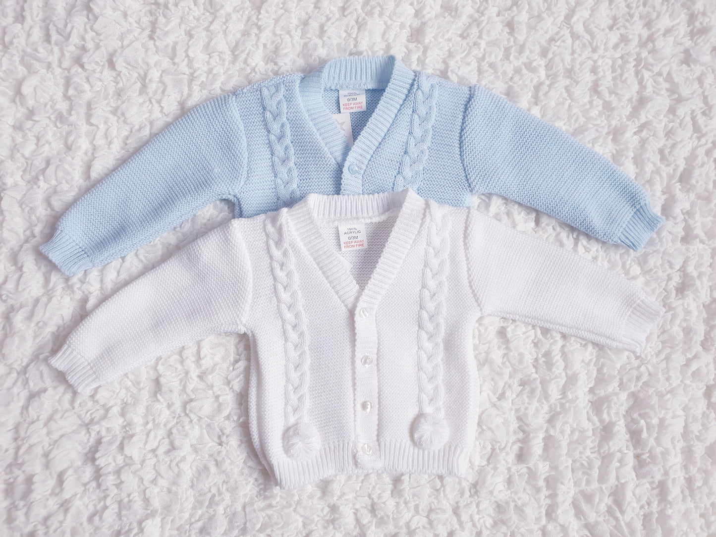 Baby Boys White/Blue Pom Pom Cardigan